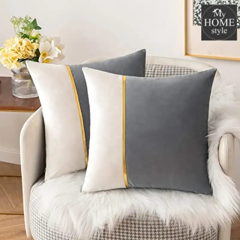 PACK OF 2 VELVET DECORATIVE SQUARE CUSHION - GREY AND WHITE - myhomestyle.pk