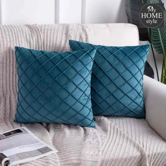 PACK OF 2 VELVET PLEATED SQUARE CUSHION - LAKE BLUE - myhomestyle.pk