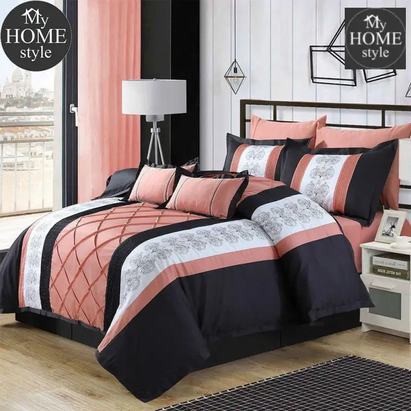 Peach and Black Embroided Pleated Duvet Set - myhomestyle.pk