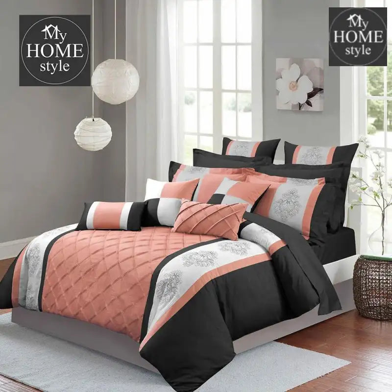 Peach And Black Embroided Pleated Duvet Set - myhomestyle.pk