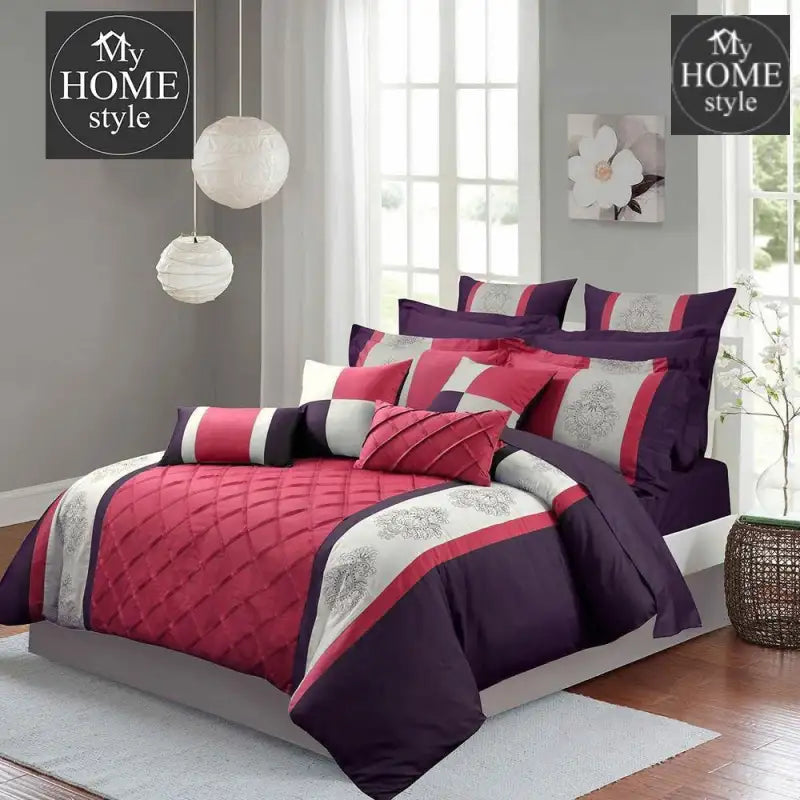 Purple And Pink Embroided Pleated Duvet Set - myhomestyle.pk