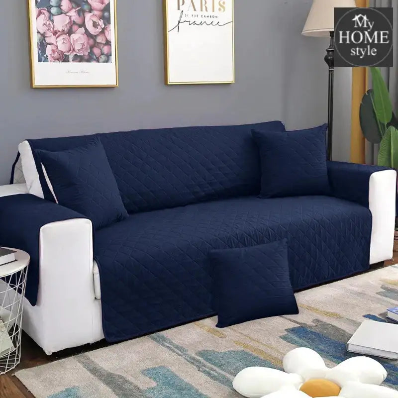 Quilted Sofa covers Non-slip W/Piping Navy With Cushion Covers - myhomestyle.pk