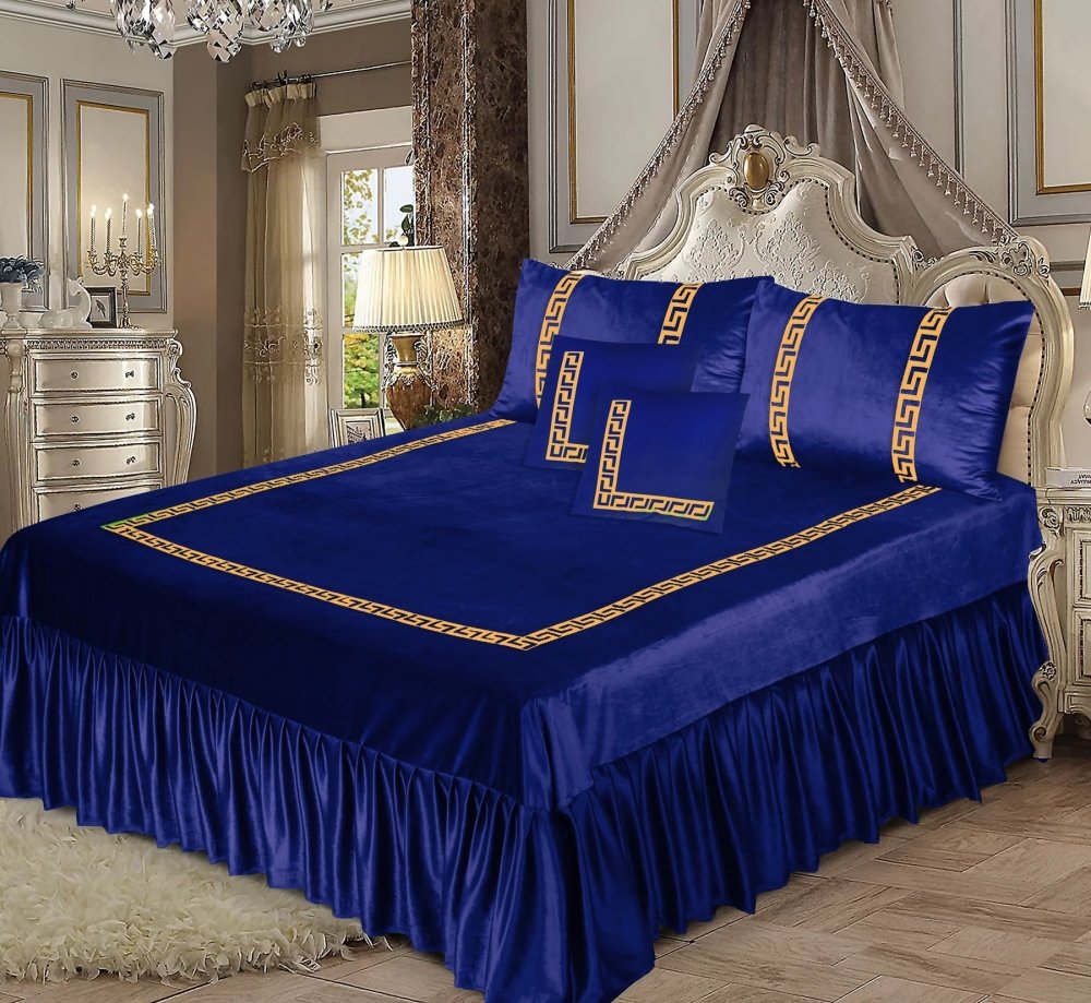 ROYAL BLUE VELVET BEDSHEET SET - 5 PCS - myhomestyle.pk
