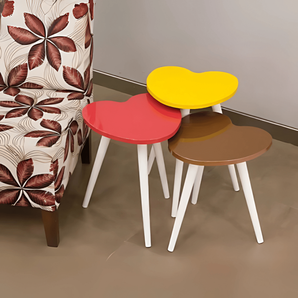 Set of 3 Heart Shaped Wooden Coffee Table - 1506 - myhomestyle.pk
