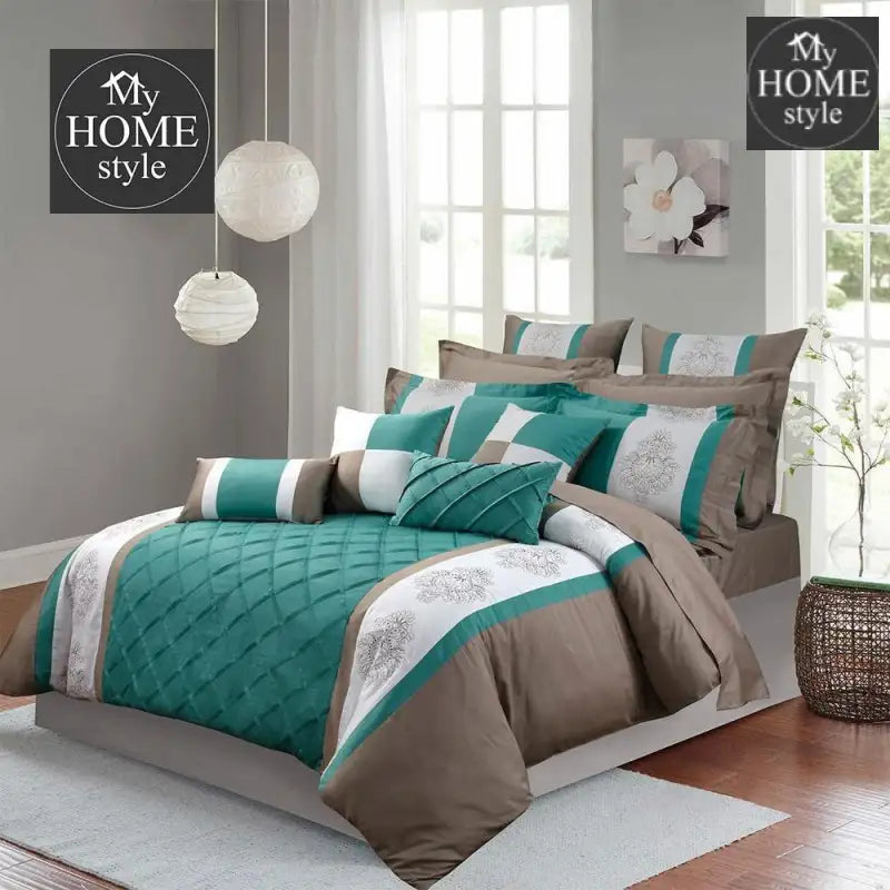 Teal And Coffe Embroided Pleated Duvet Set - myhomestyle.pk