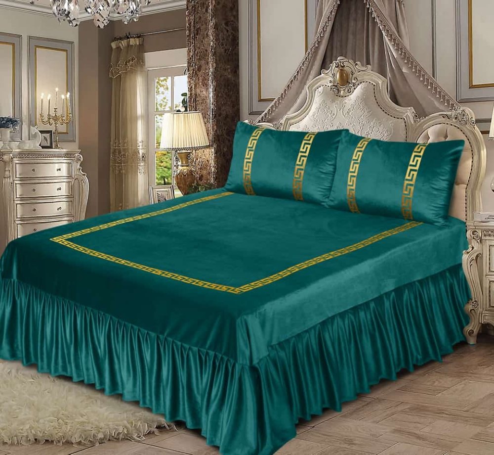 TEAL VELVET BEDSHEET SET - 5 PCS - myhomestyle.pk