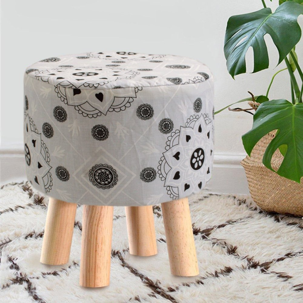 Wooden stool Printed Round Shape - 1353 - myhomestyle.pk