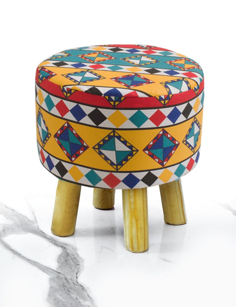 Wooden stool Printed Round Shape - 1355 - myhomestyle.pk