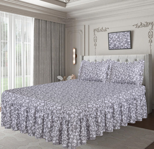 3 PCs Printed Bed skirt with Pillow cover - 1144