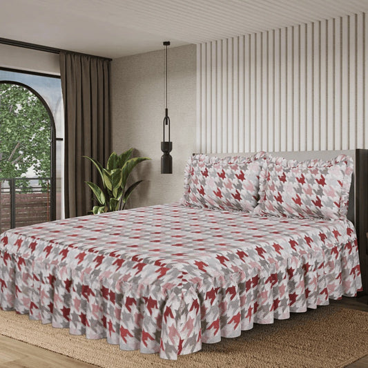 3 PCs Printed Bed skirt with Pillow cover - 1146