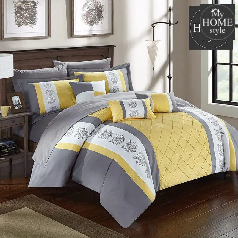 Yellow And Grey Embroided Pleated Duvet Set - myhomestyle.pk